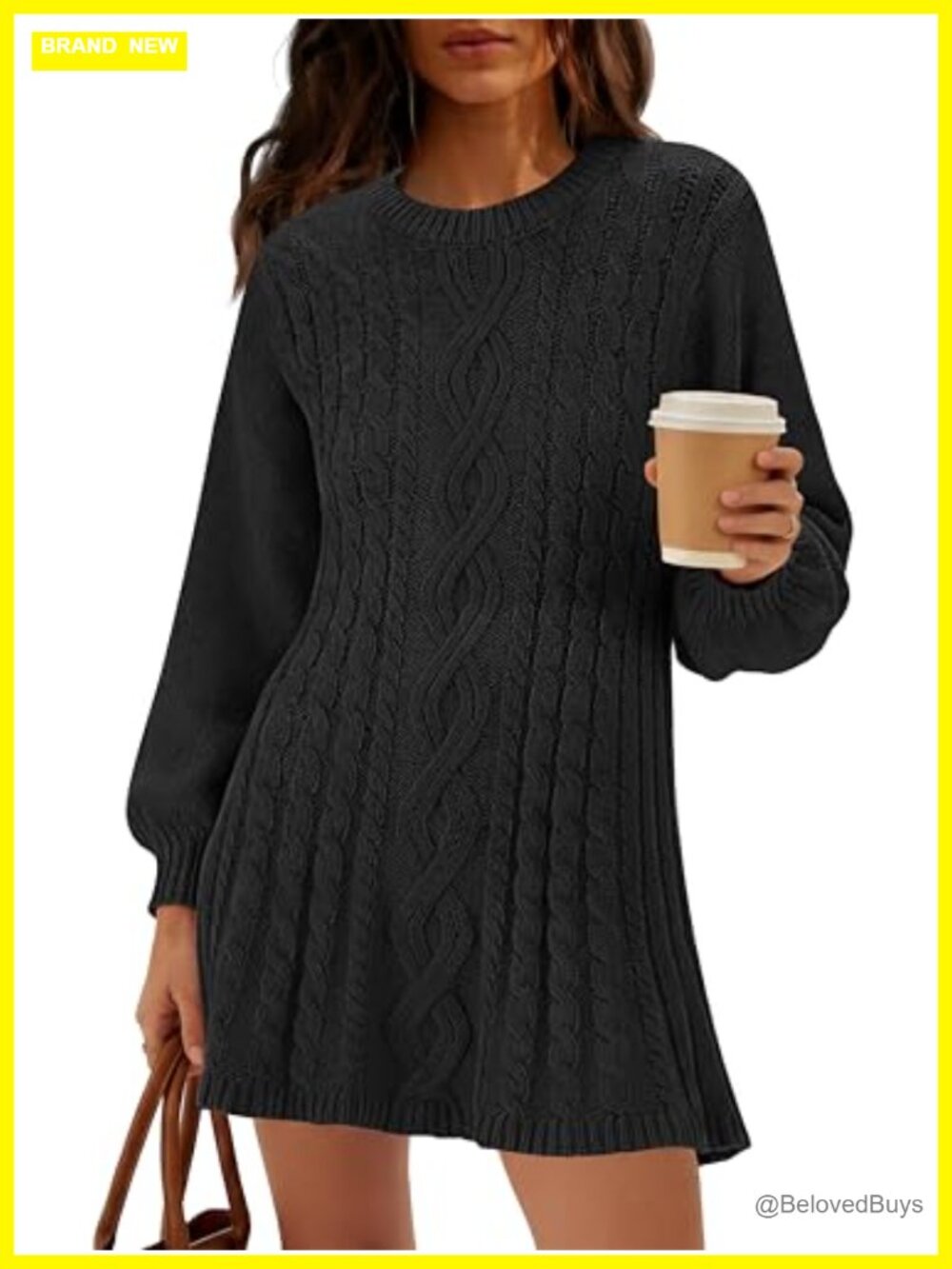 Womens Cable Knit Sweater Dress Long Sleeve Crew Neck Pullover